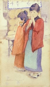 Portræt af to japanske børn, 1895-96 (wc over blyant på papir) af Mortimer Ludington Menpes